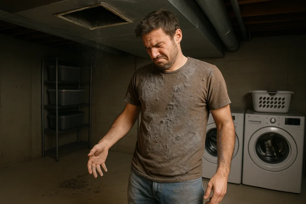 An image of a homeowner cover dust and debris from an open heating duct vent