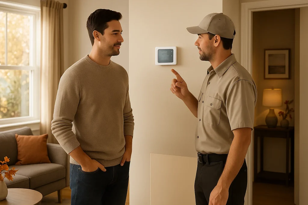 Homeowner reviewing fall furnace tune-up steps with HVAC technician in Chicago