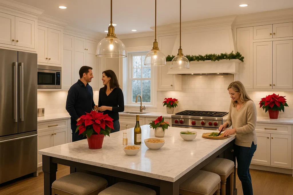 Modern kitchen remodel in Winnetka, IL with a central island, ideal for holiday cooking and entertaining guests.