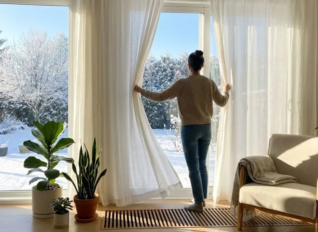 South-facing windows letting in winter sun to reduce HVAC energy use in Chicago home.