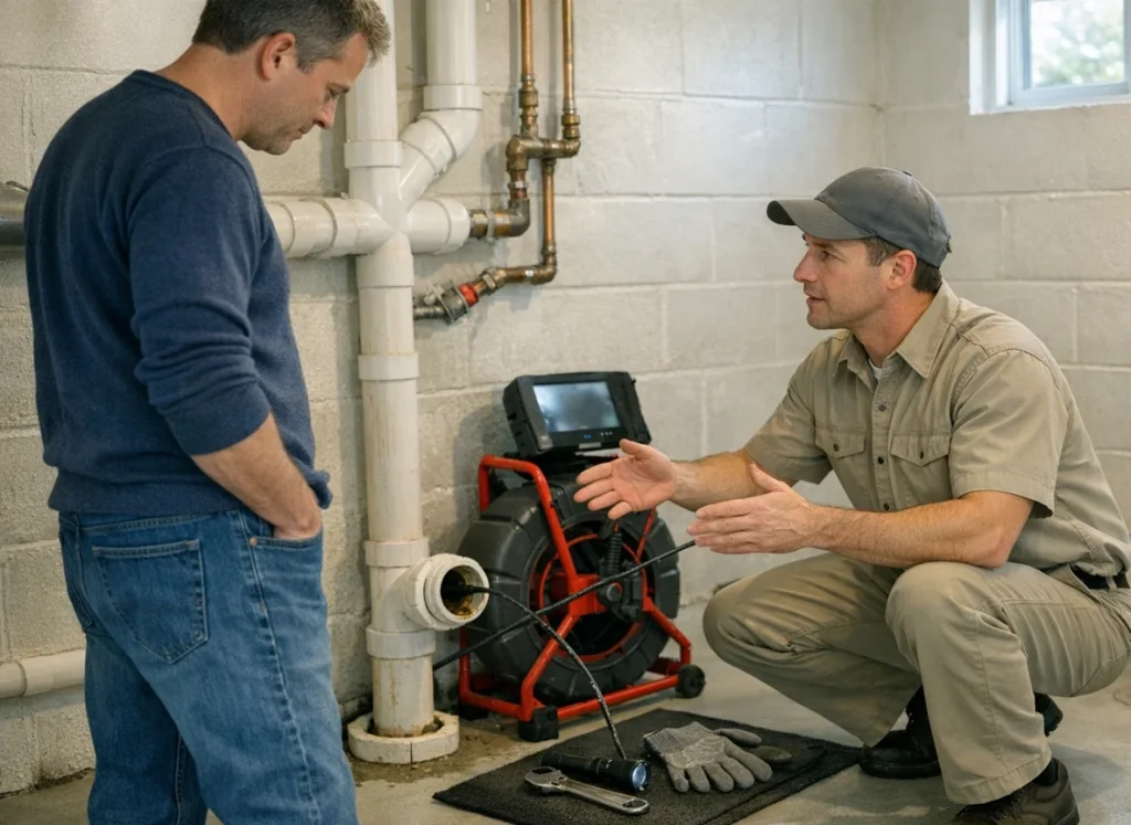 Plumber performs spring video sewer inspection with homeowner in Evanston IL