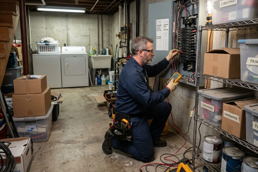Electrician checking older electrical panel for AC strain