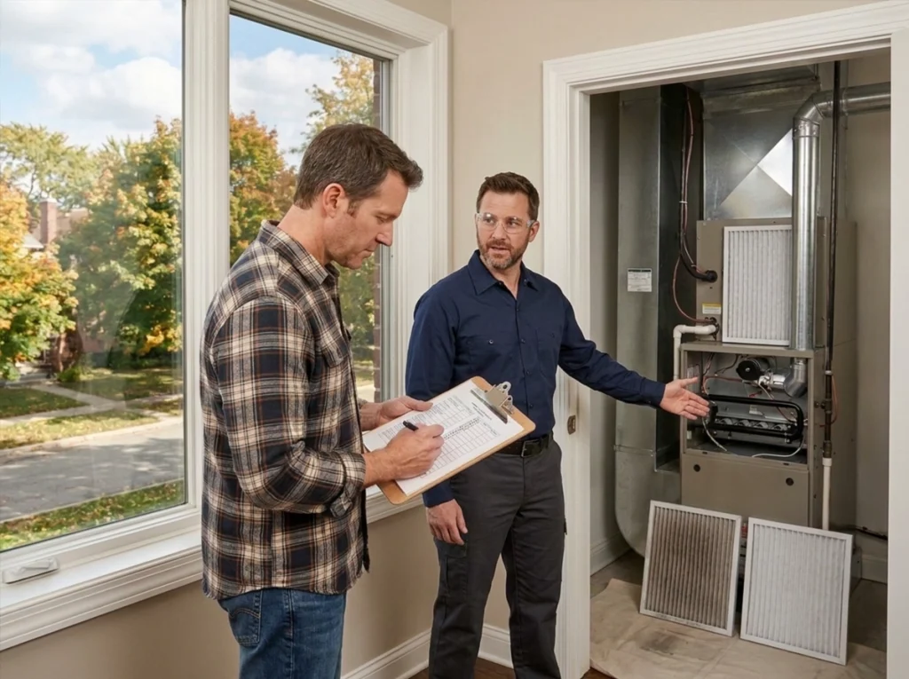 Chicago homeowner reviewing a fall furnace maintenance checklist